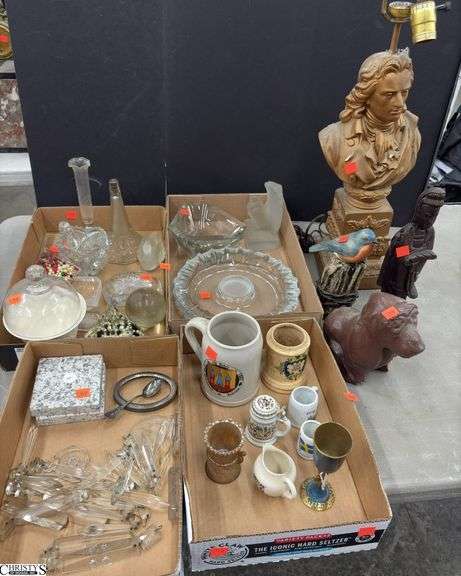 Ashtrays, Steins, Chandelier Prisms, Glassware, Lamp, Figurines, Misc - 19" of lamp - some wear and damage throughout image
