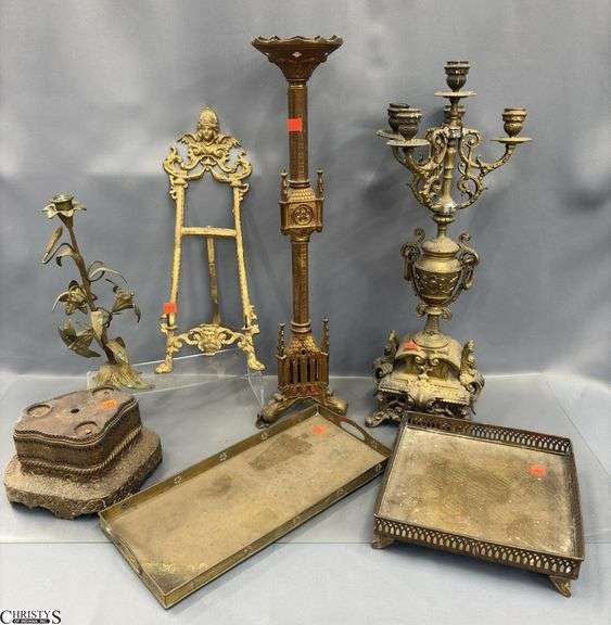 Brass Candlabra, Candlestick, Trays, Frame Easel, Base - 24"of tallest - some wear and damage image