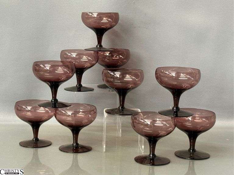 10 MCM Plum Morgantown Glass Champagne Coupes - 3.5" T of each - 1 has chip to rim image