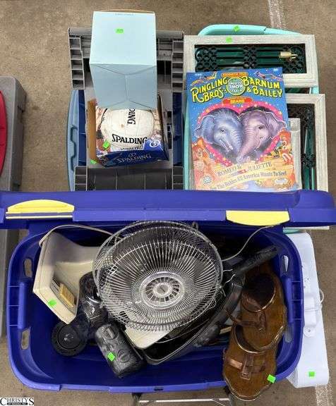 Boxed Lots, Fans, Totes, Deep Fryer, Sconces, Flatware, Canisters, Parts to Small Appliances, Brass Candlesticks, Lamp, 3 Pc Wall Clock and Sconces image