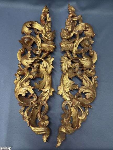 Pair Thai Burmese Gilt Carved Wood Pcs - 21" x 5" of each - some chipping and repair image