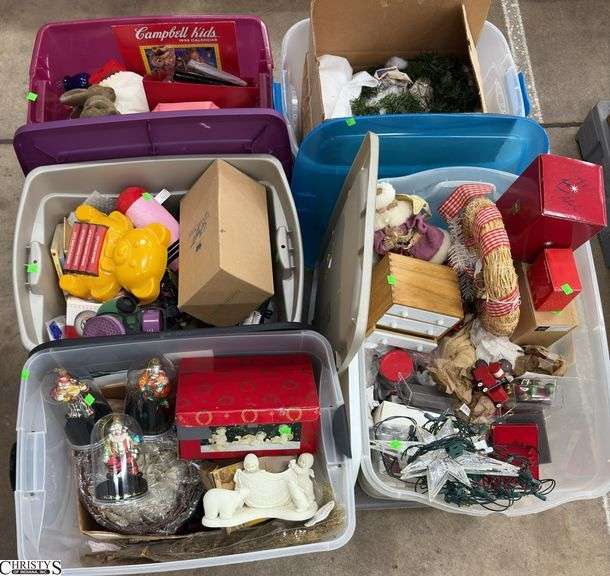 Boxed Lots, Ornaments, Snowbabies, Clowns, Delivery Trucks, Holiday Lights, Garland, Some Empty Boxes image