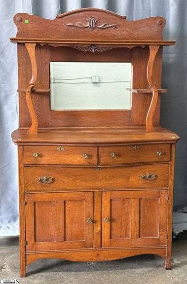 Antique Oak Buffet - 45" x 20" x 71" overall - back frame of mirror appears crack, is loose, needs bracket piece image