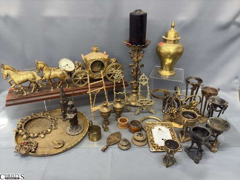 Brass Candlestick, Stands, Tray, Figurines, Brass Tone Carriage Clock - Damage and wear throughout - 20" of clock image