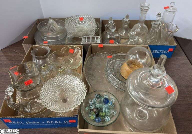 Glass Cruets, Juicer, Pitcher, Plates, Various Glass Pieces - 11" of tallest image