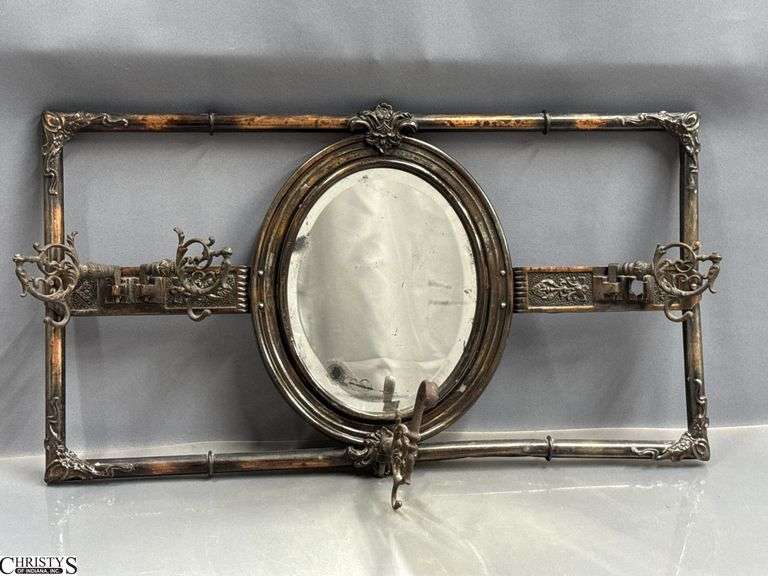 Antique Metal Mirrored Wall Hat Rack - 25" x 14" - missing one hook image