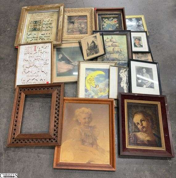 Various Framed Prints, Open Frames, Wall Art - damage and wear - 22" x 19" of largest image