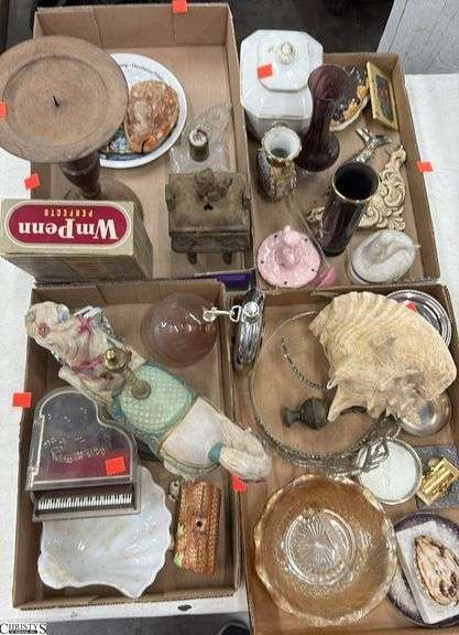 Figurines, Cameo Shells, Coasters, Vases, Misc - Some damage and wear throughout - 14" of tallest image