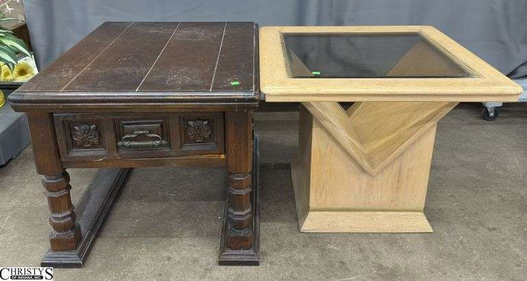 2 Square End Tables: One Traditional Wood, One Glass Topped 24x30x21 image