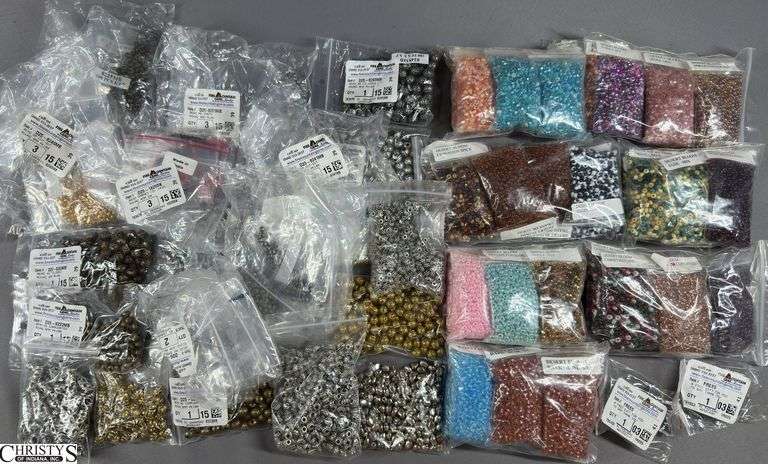 Flat of Beads in Various Colors in Baggies.  Most bags have labels image