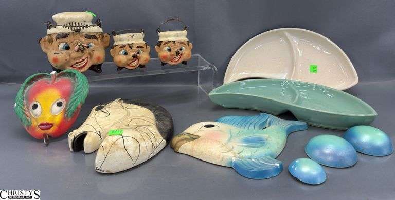 Chalkware Fish and Bubbles, Divided Dish, Horse Head, Apple wall Decor, 3pc Face Salt and Peppers and Sugar jar image