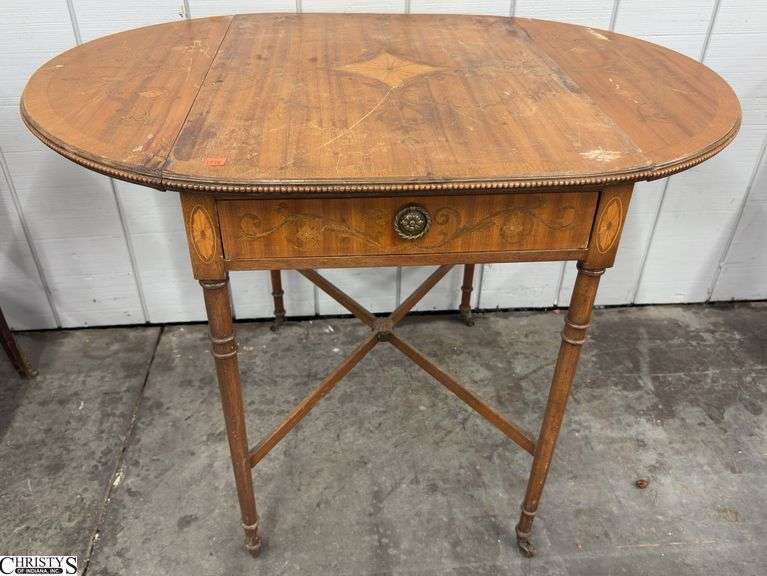 Maple Marquetry Single Drawer Drop Leaf Table - 20" x 28" x 28" - 9" of drop - heavy finish wear to top image