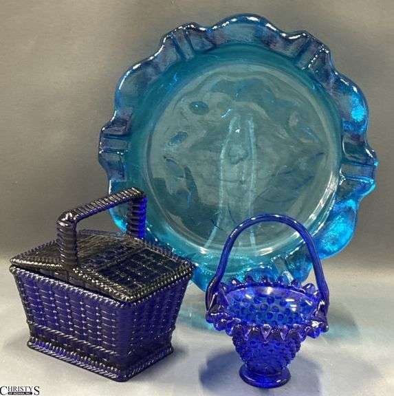 Cobalt Blue Lidded Glass Basket, Hobnail Basket, Heavy Ashtray - 9.5" of ashtray image