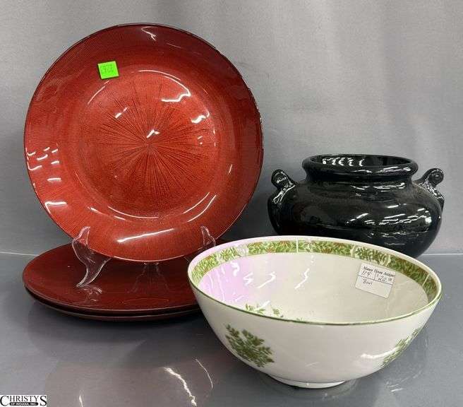 Black Pottery Vase, yellow Candle Stand, Bowl, Plates 11" image