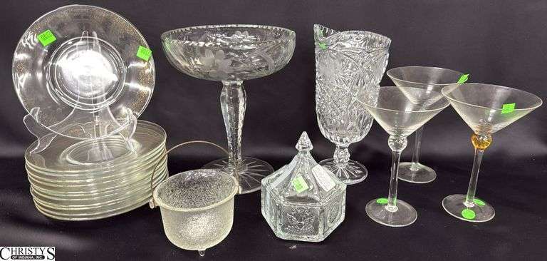 EAPG Pitcher, Compote, Martini Glasses, Candy Jar, Gold Speckle Plates 7.25x10.5" image