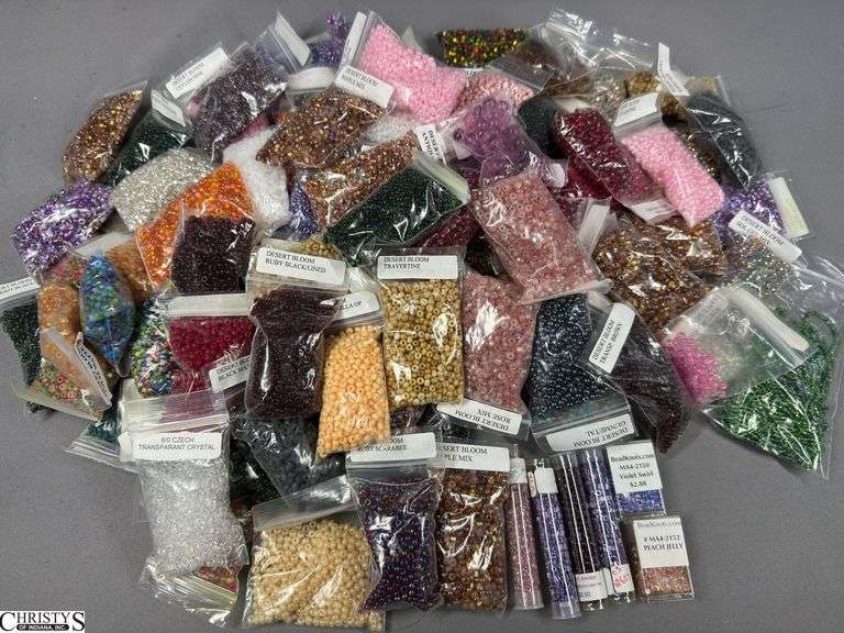 Flat of Beads of Various Color in Baggies.  Many bags are marked. image