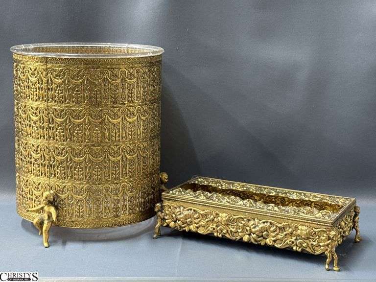 Ormolu Ornate Cherub Motif Metal Waste Can and Tissue Holder - 9" x 11" of Waste Can image