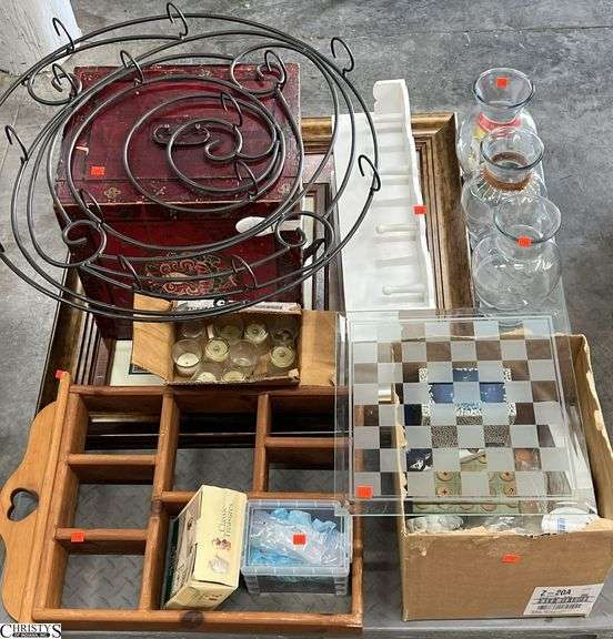 Framed Prints, Metal Wall Candle Holder, Asian Style Decor Box, Glass Chess Set, Vases, Misc Decor - SKID NOT INCLUDED - 34" X 34" of largest print image