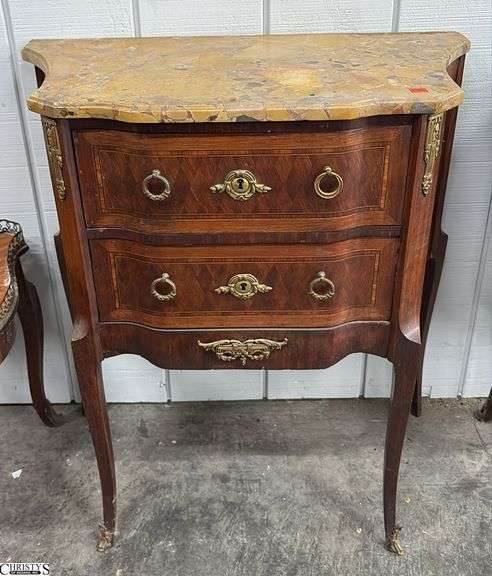 French Marquetry Two Drawer Stone Top Petite Commode 27" x 15" x 30" - toning to stone image