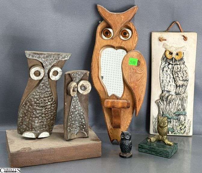 Owl Motif Pottery Sculpture, Wall Hanging, Wooden Mirror, Small Figurines - 13" of mirror image