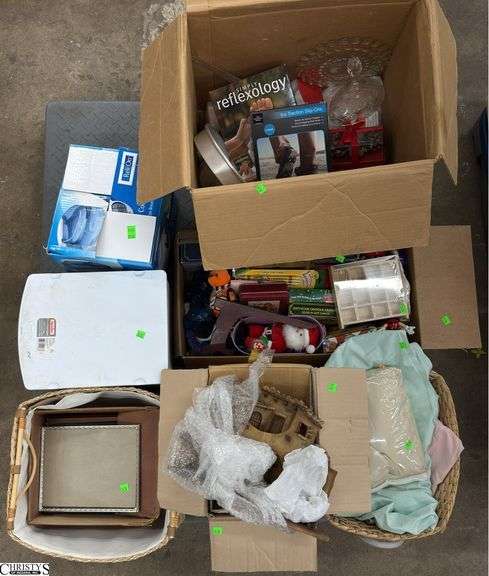 Boxed Lots, Color Pencils, Nativity Scene, Frames, Board Games, Clear Glass, Lidded Compotes, Vases, Linens image