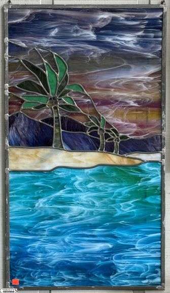 Fox Studios Custom Tropical Beach Stained Glass Panel 20" W x 36" H image