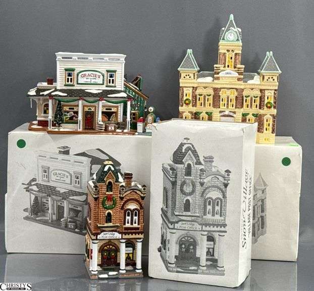 3 Department 56 The Original Snow Village buildings. Includes Gracie's Dry Goods & General Store, County Courthouse - Does Need Repair See Photos, and Village Post Office image