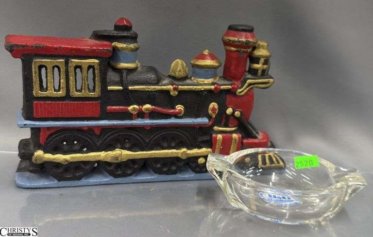 Cast Iron Train Door Stop, B & O Glass Ashtray - 11" of doorstop image