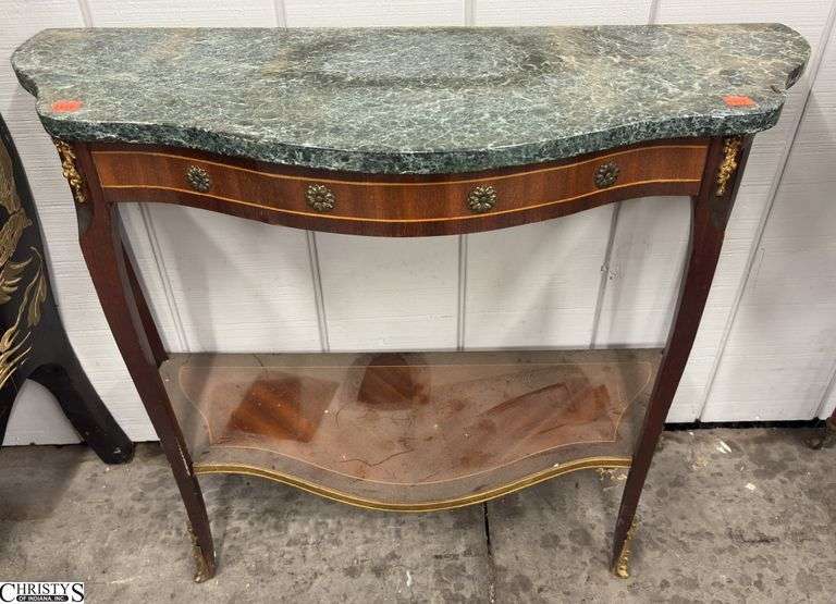 French Marquetry Petite Demilune Console Table 31" x 12" x 26" - would benefit from a cleaning image