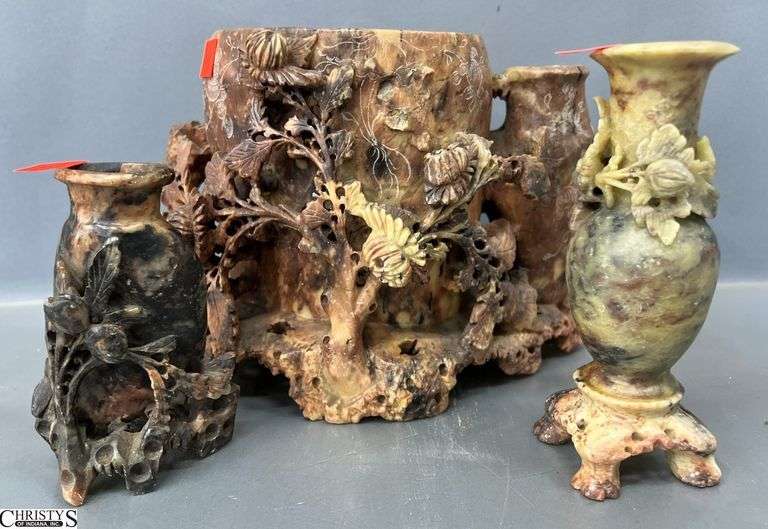 Chinese Carved Soapstone Vessels, 3pcs - 9" x 6.5" of largest image