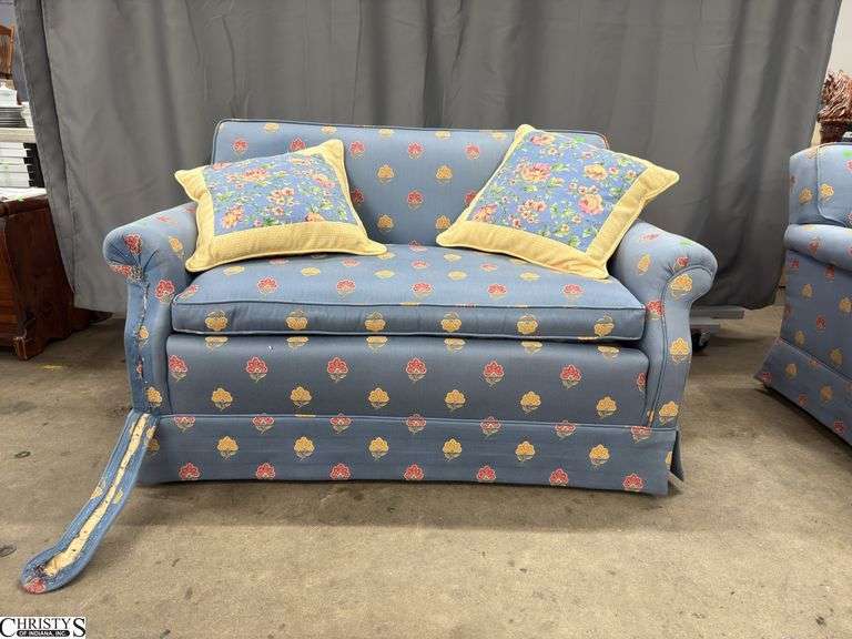 Upholstered Settee - front left trim loose - 53" x 30" x 31" - 18" seat - appears to have sun fading image