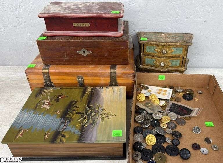 5 Jewelry/Lidded Boxes,  Various Buttons -  12" x 8" of largest image