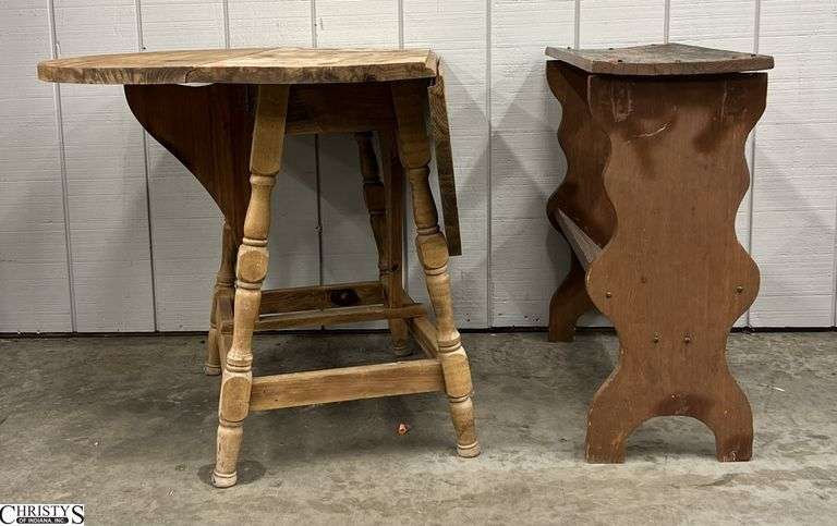 Project Pine Drop Leaf Table and Bookshelf Table - both show heavy wear - 34" x 13" x 27" - 14" drop image