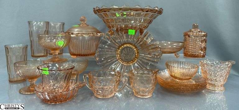 Pink Depression Glassware, Glasses, Bowl, Creamer and Sugars, Lidded Dishes, 10" x 4" of bowl image
