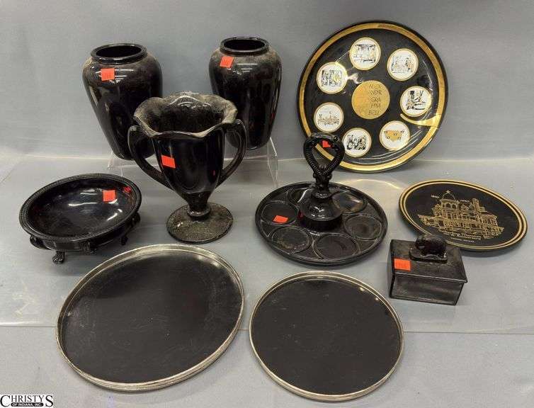 Black Glass Vases, Plates, Lidded Box, Bowl, Misc - 8" of tallest image