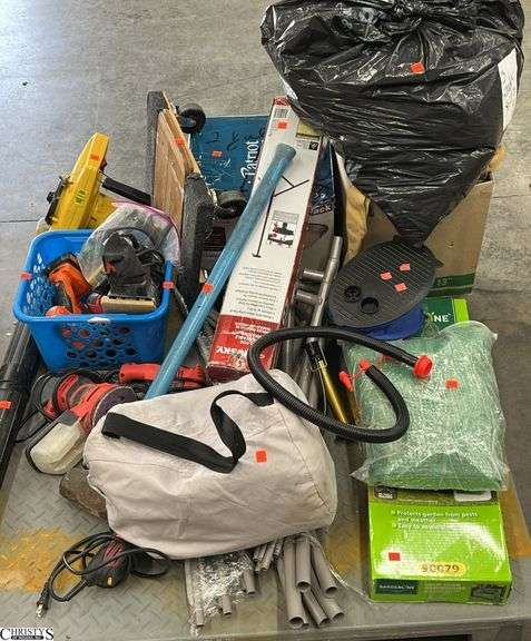 Power Hand Tools, Electric Blower, Husky Tripod, Light Fixtures, Green House Parts, Air Mattress, Shade Sails, Misc - SKID NOT INCLUDED image