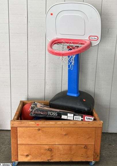 Wood Toy Box and Various Outdoor Type Toys image