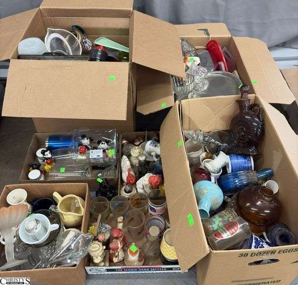 Boxed Lots, Decanters, Compotes, Kitchen Goods, Avon Perfumes, Automobile Glasses, Clear Glass, Mickey Mouse, Vases, Needs Cleaning image