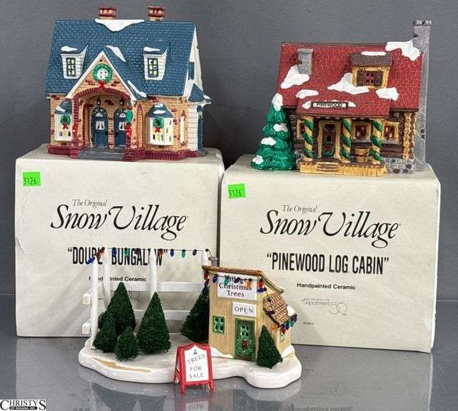 Department 56 Snow Village Ceramic Buildings - Double Bungalow & Pinewood Log Cabin, Christmas Trees Lot image