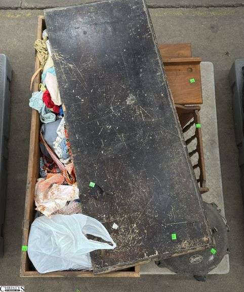 Boxed Lots, Barn Find Broken Cedar Chest, Fabric Scraps, Magazine Holder, All American Pressure Cooker image