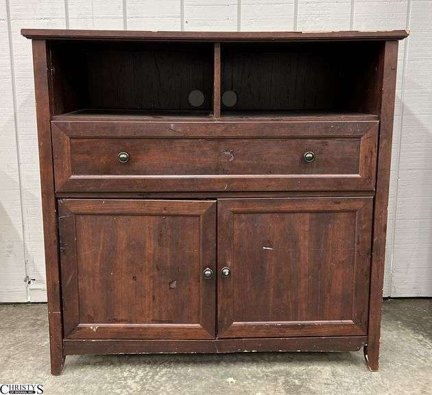 Damaged Contemporary Media/Buffet Cabinet - shows heavy finish wear - missing back right leg - 40" x 20" x 39" image