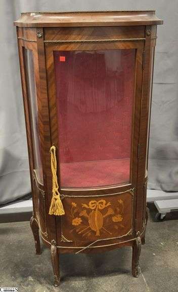 French Louis XV Style Small Curio Cabinet - some damage to trim, has key does lock, some rippling to veneer - 26" x 13" x 52" image