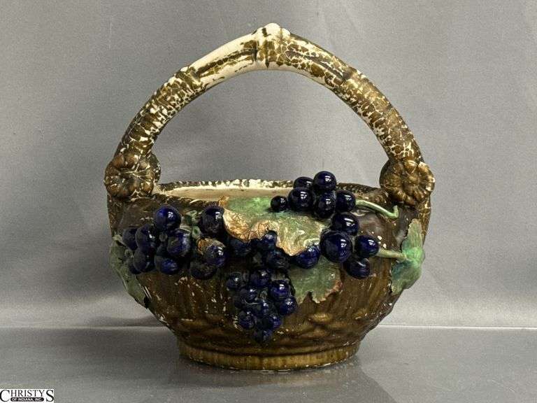 Austrian Stoneware Grapevine Motif Basket 10" x 11" - some wear to finish image