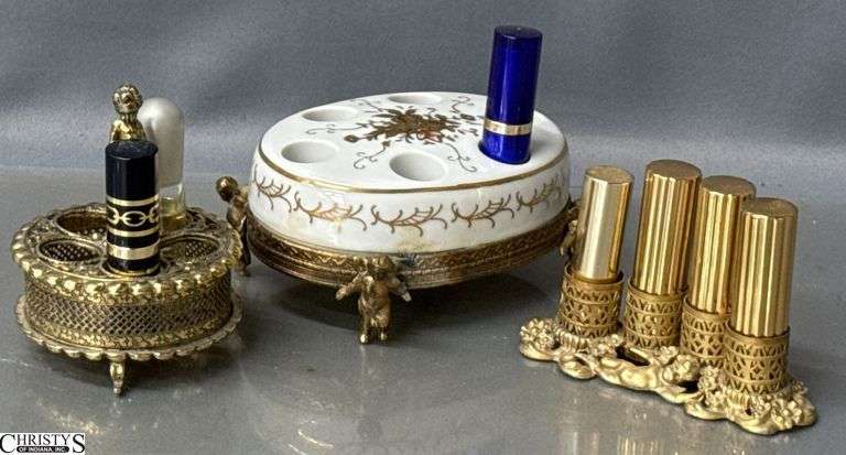 3 Ornate Metal & Porcelain and Metal Vanity Lipstick Holders - 5" of largest image
