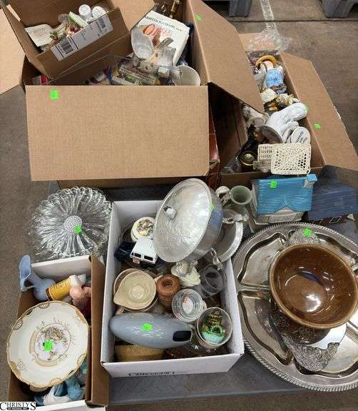 Boxed Lots, Silver Plate Lazy Susan, Clear Glass, Brass Candlestick, Cookie Jar, Flower Snack Plates, Figurines, Decor image