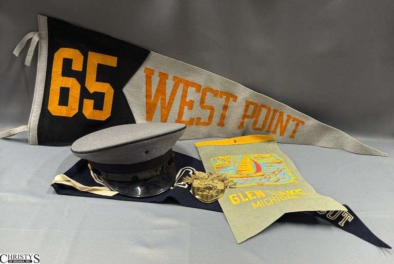 West Point Military Badge/Pin and Pennant, Military Hat, 2 Travel Pennants - 35" of largest image