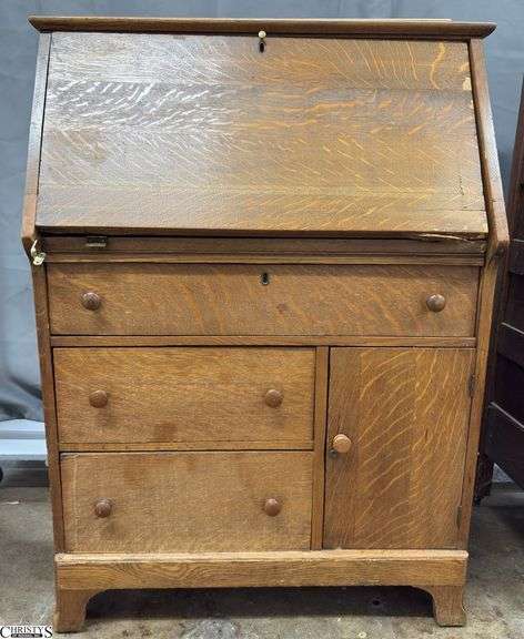 Oak Veneer Drop Front Secretary 32" x 16.5" x 46" - drop front needs reattached, damaged wood image
