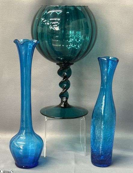 3 pcs MCM Blue Tone Glass Vases and Bowl Vase - 11" of tallest image