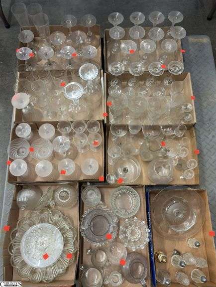 9 Flats Assorted Glass Stemware, Plates, Shakers, Dishes, 10" of tallest image