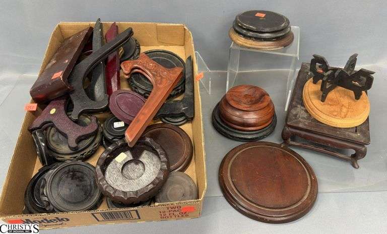Wood Display Bases & Plate Stands -  Various sizes and styles - some damage - 10" x 6" x 3" of largest image